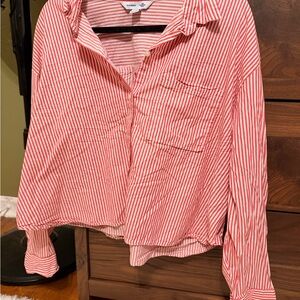 Red and White Pinstriped Cropped Button-Up Shirt